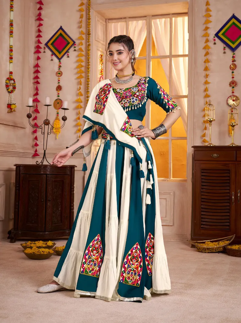 Roykals Navratri Lehenga Choli In Multi Teal & White Classy Designer Stitched