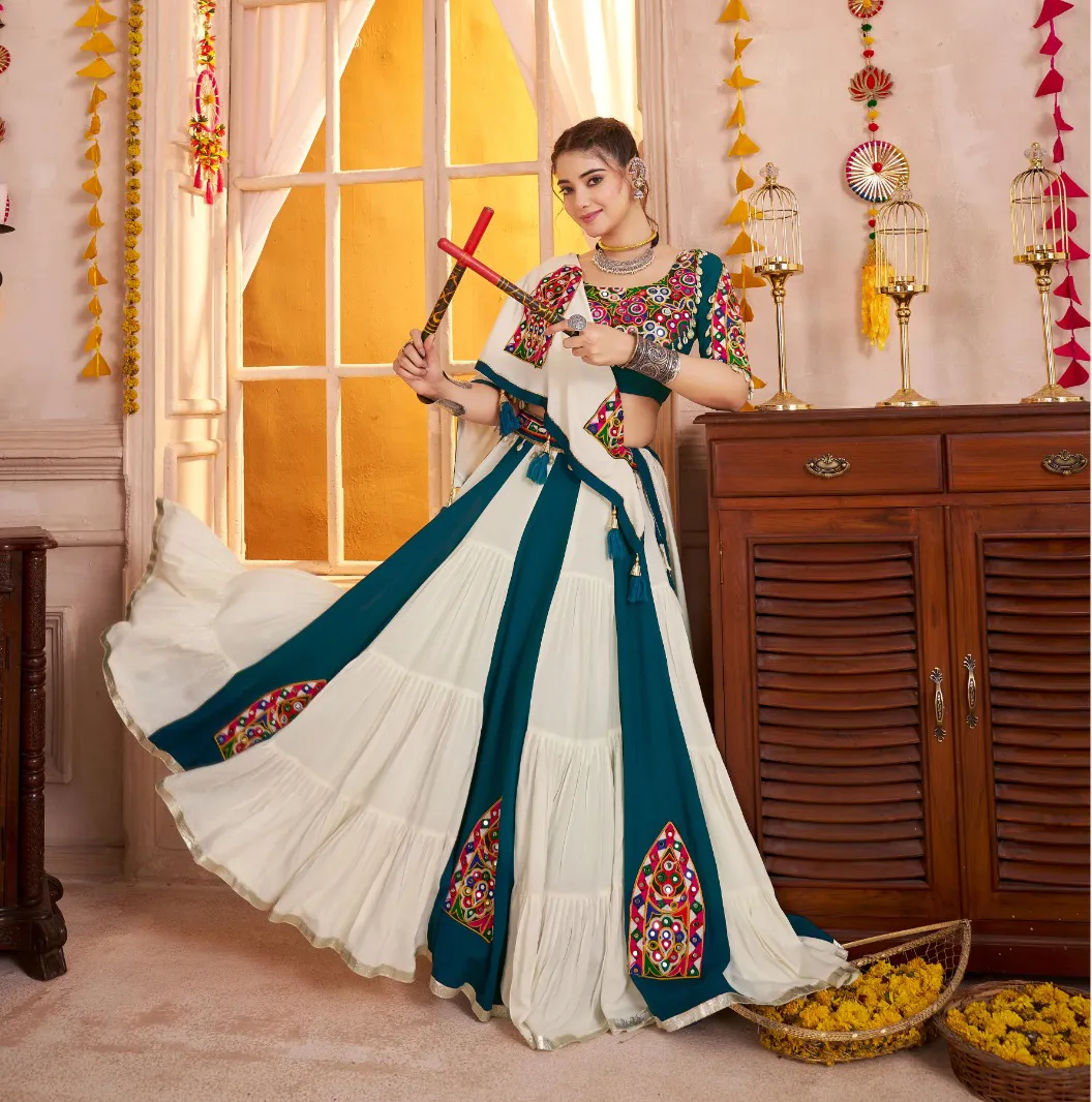 Roykals Navratri Lehenga Choli in Multi Teal & White - Classy Designer Stitched - Image 2