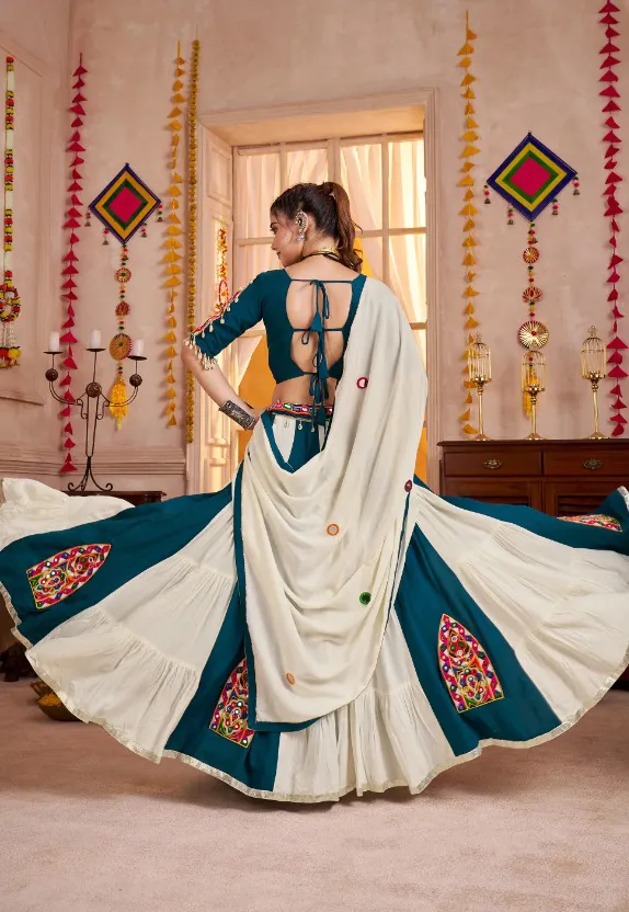 Roykals Navratri Lehenga Choli in Multi Teal & White - Classy Designer Stitched - Image 3