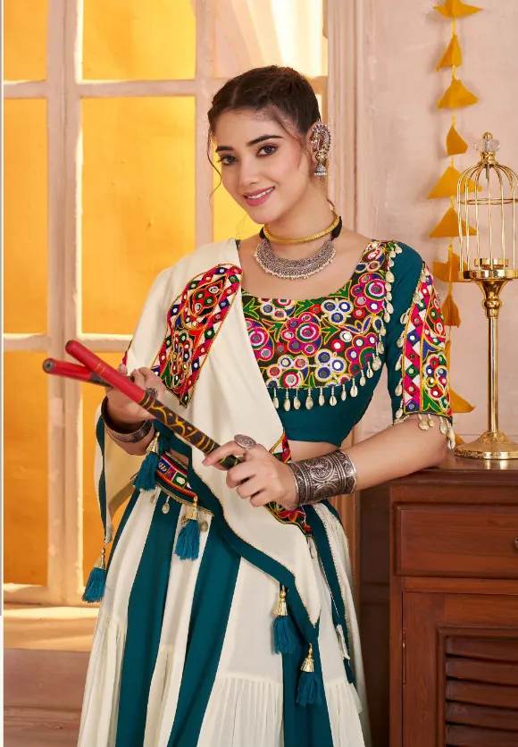 Roykals Navratri Lehenga Choli in Multi Teal & White - Classy Designer Stitched - Image 4
