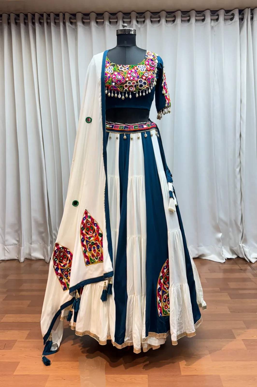 Roykals Navratri Lehenga Choli in Multi Teal & White - Classy Designer Stitched - Image 5