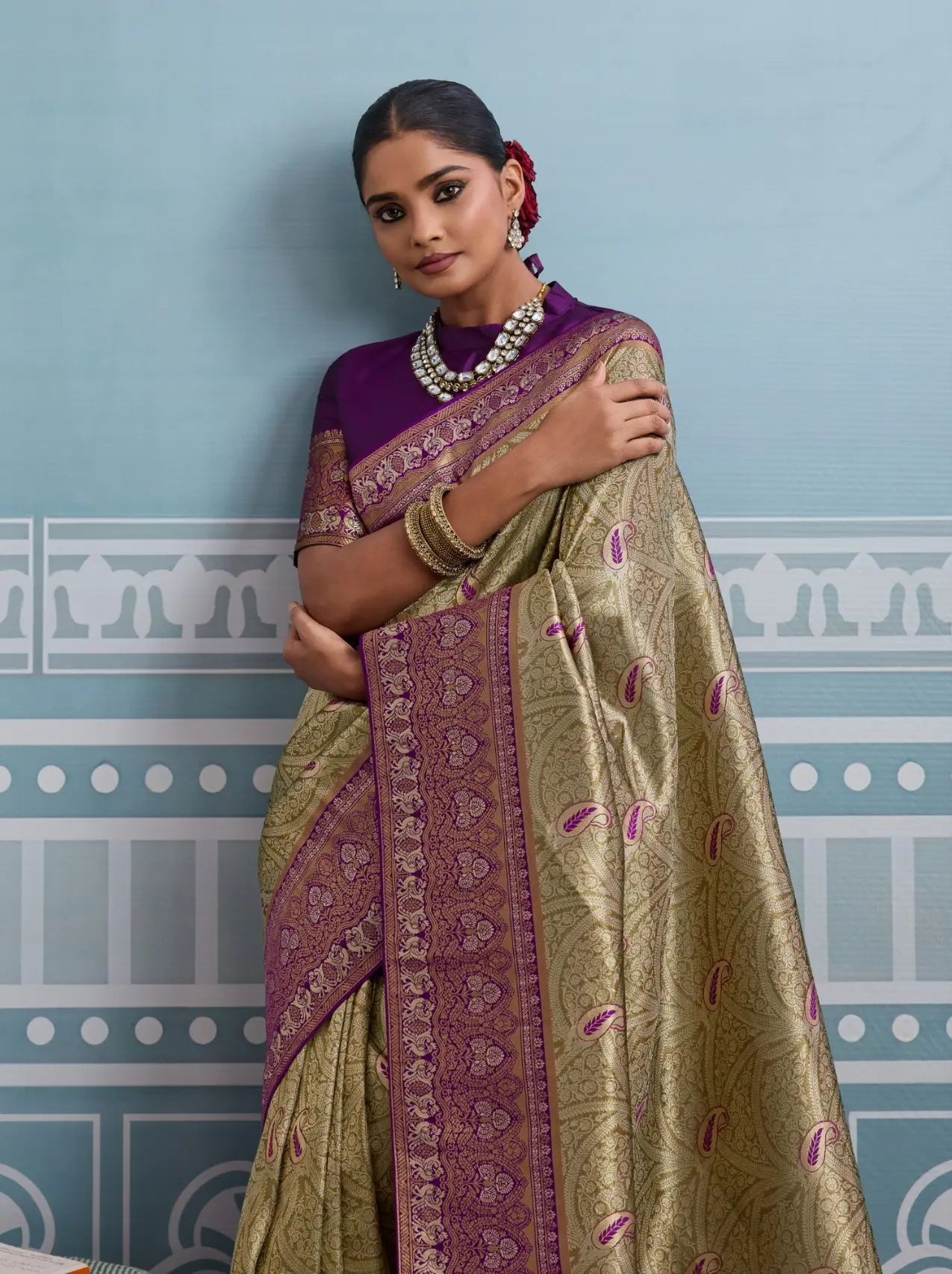 Roykals Olive Green Kanjivaram Soft Silk Saree with Purple Blouse Roykals Olive Green Kanjivaram Soft Silk Saree with Purple Blouse-Design No.-RT13521 - 213195