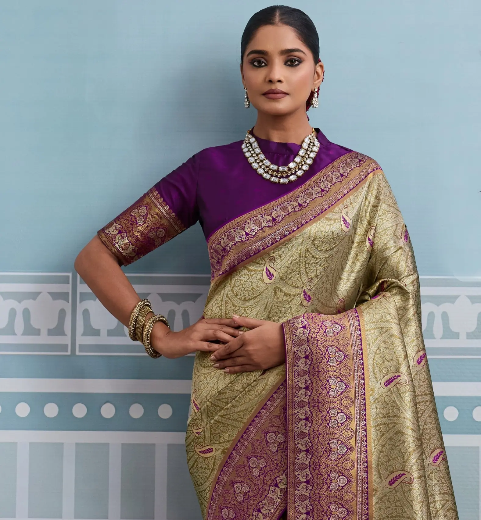 Roykals Olive Green Kanjivaram Soft Silk Saree with Purple Blouse - Image 2