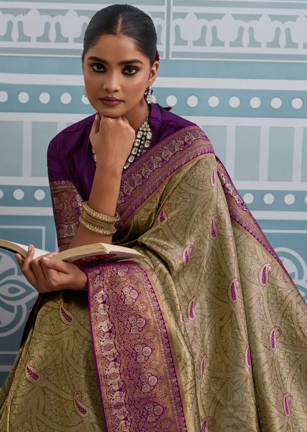 Roykals Olive Green Kanjivaram Soft Silk Saree with Purple Blouse - Image 3