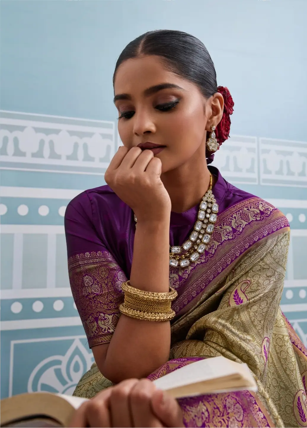 Roykals Olive Green Kanjivaram Soft Silk Saree with Purple Blouse - Image 4