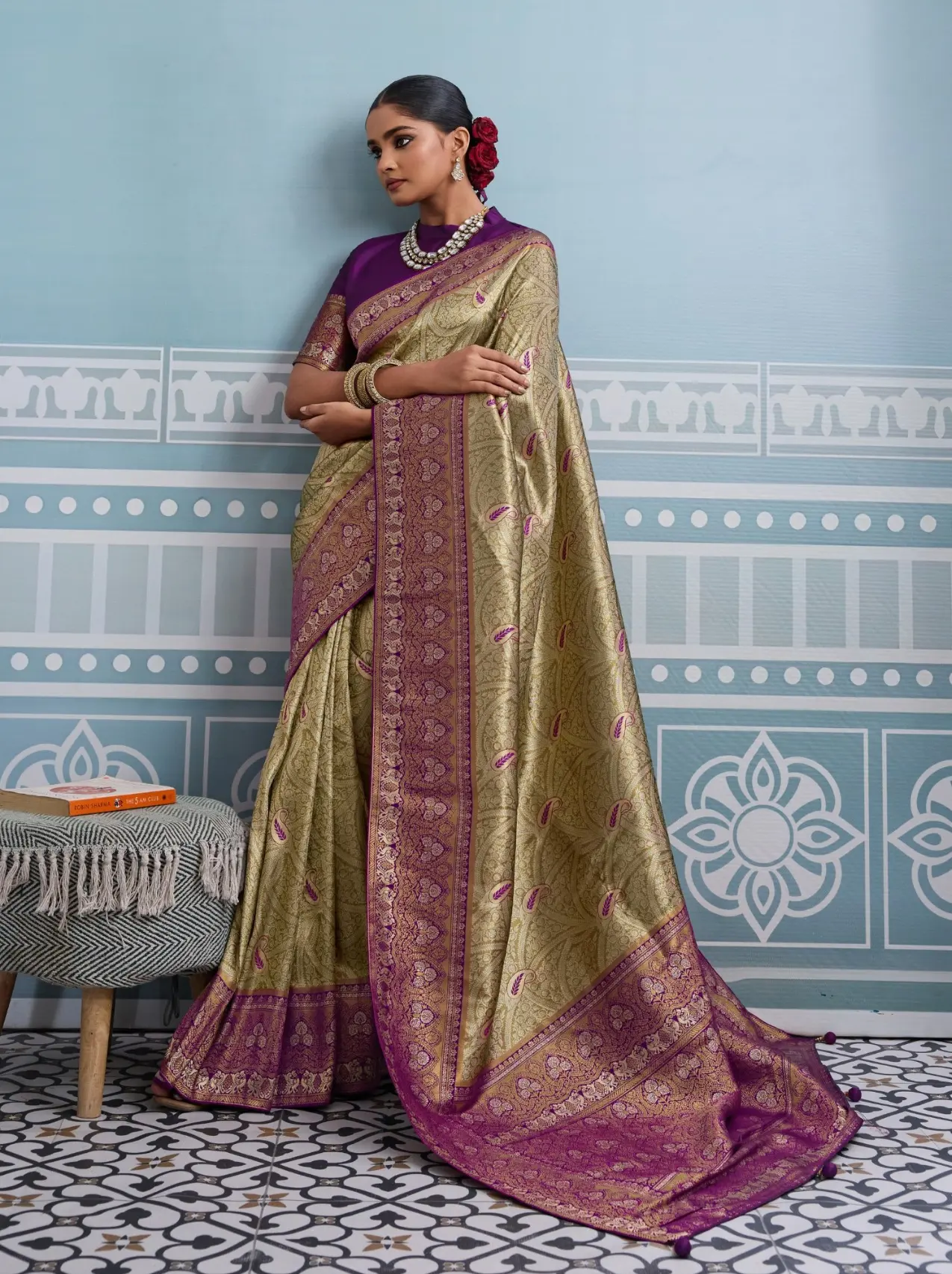 Roykals Olive Green Kanjivaram Soft Silk Saree with Purple Blouse - Image 5