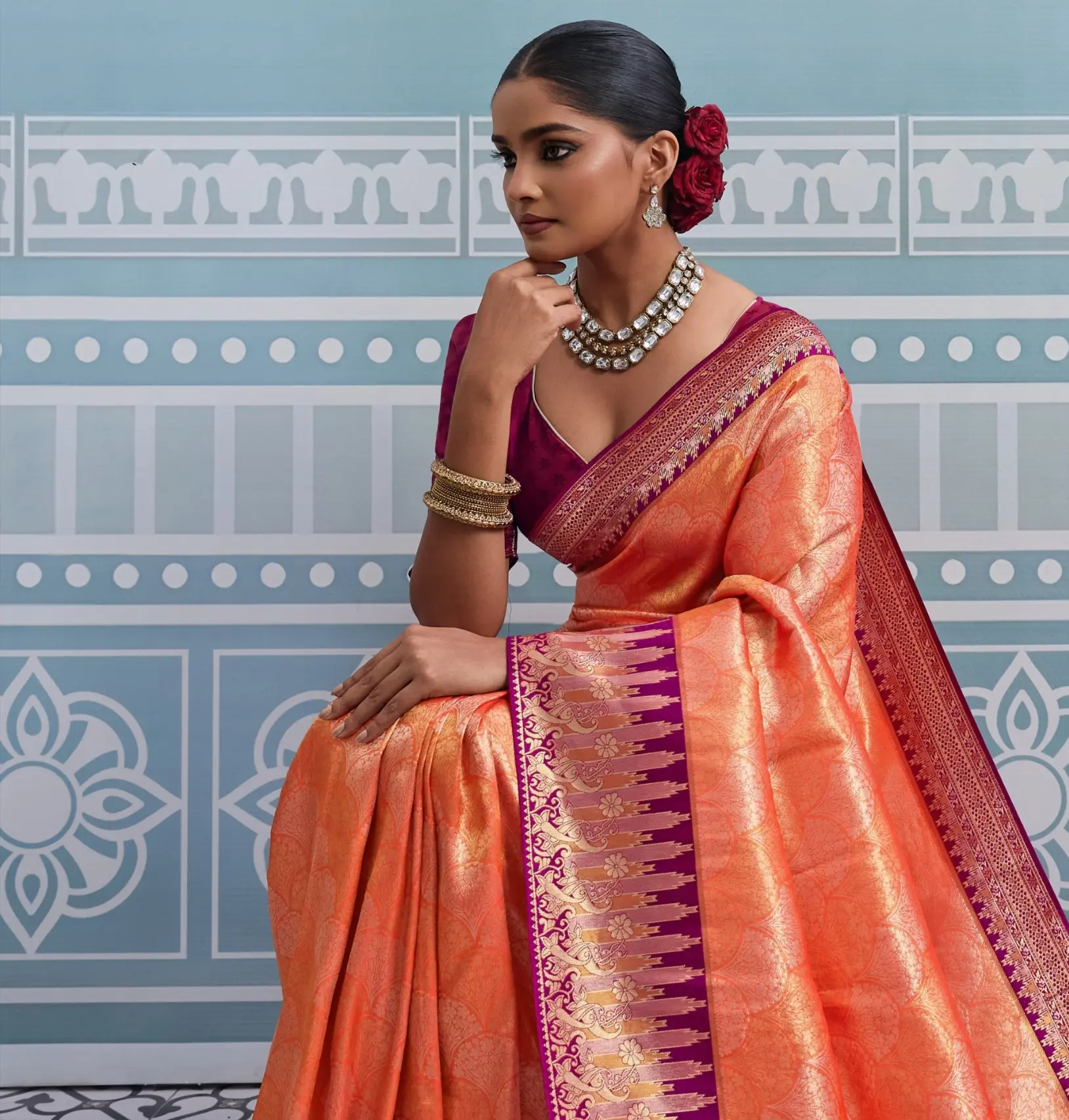 Roykals Orange Kanjivaram Soft Silk Saree with Burgundy Blouse Roykals Orange Kanjivaram Soft Silk Saree with Burgundy Blouse-Design No.-RT13521 - 213192