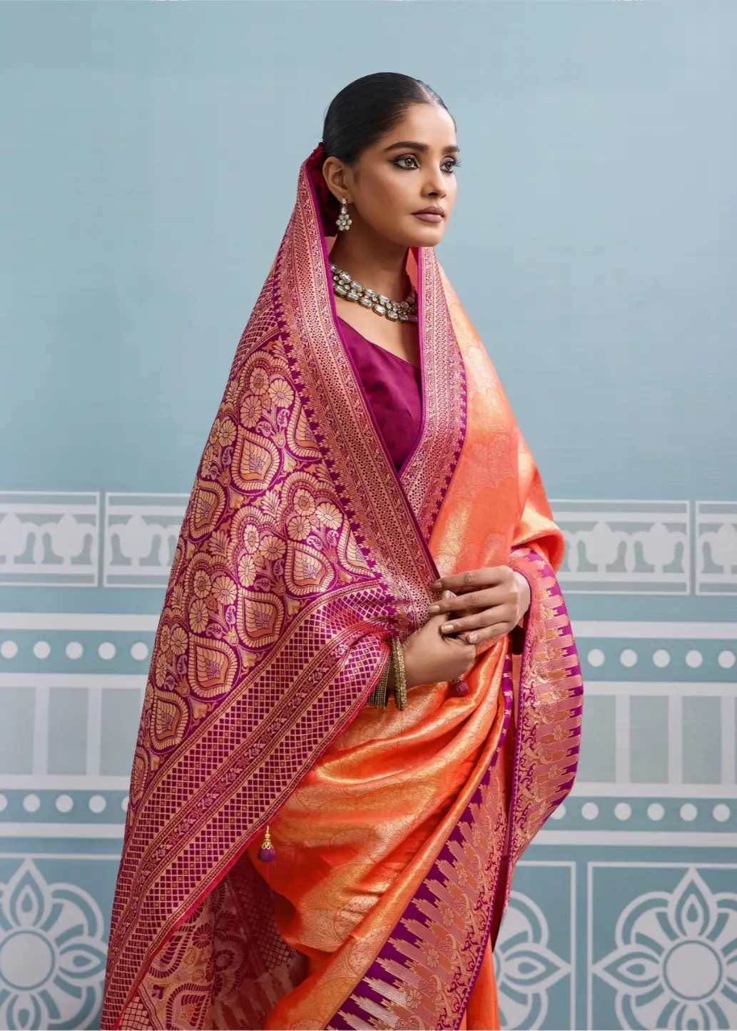 Roykals Orange Kanjivaram Soft Silk Saree with Burgundy Blouse - Image 2