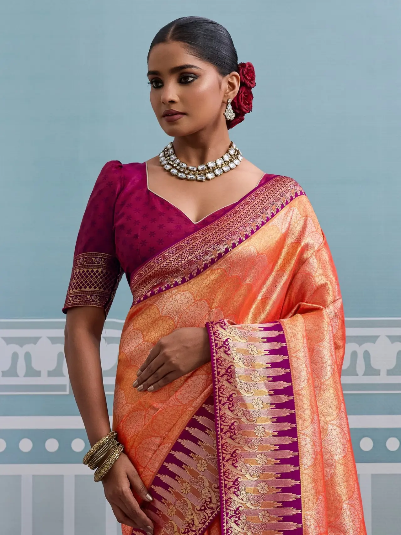 Roykals Orange Kanjivaram Soft Silk Saree with Burgundy Blouse - Image 3
