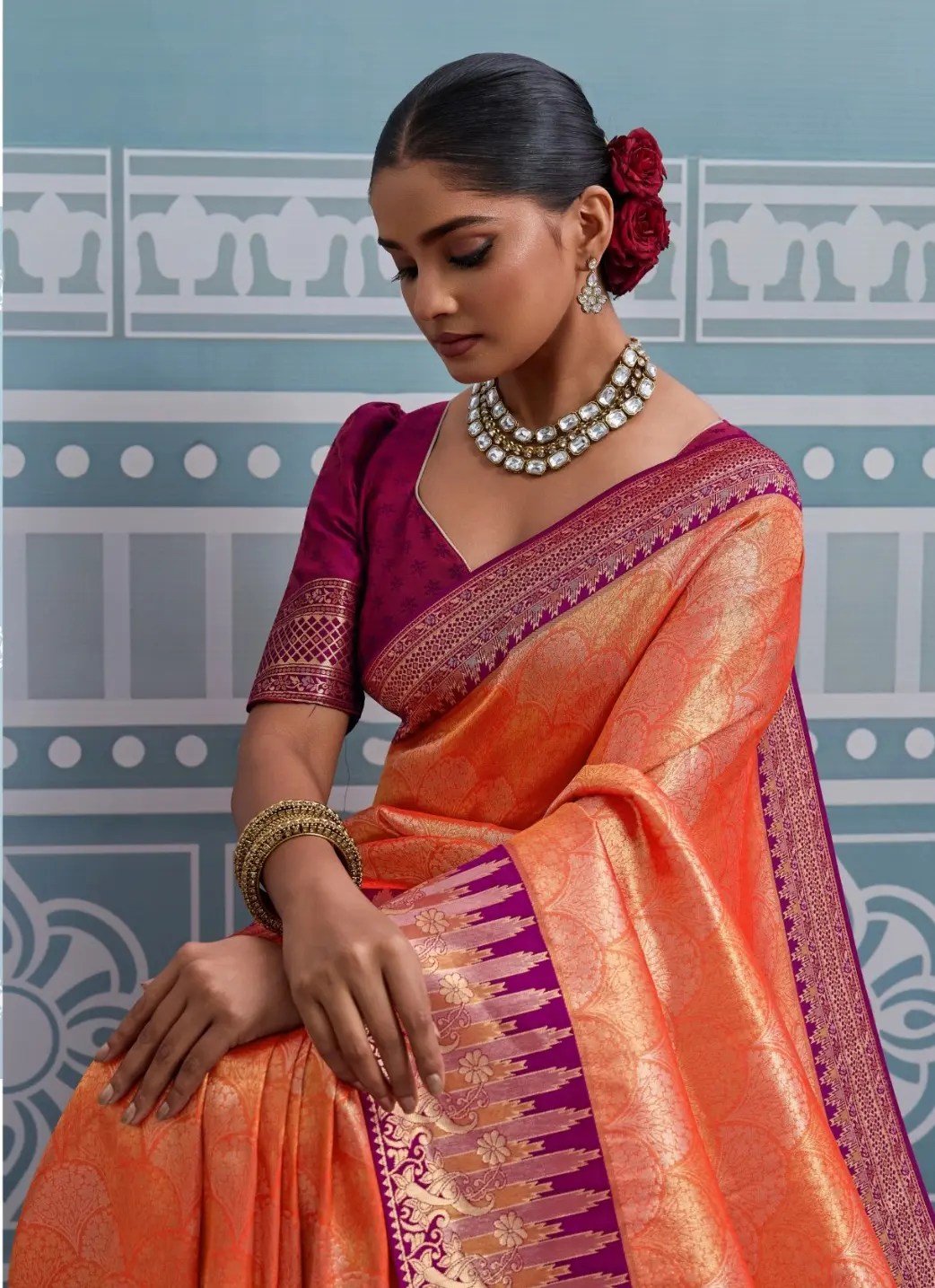 Roykals Orange Kanjivaram Soft Silk Saree with Burgundy Blouse - Image 4