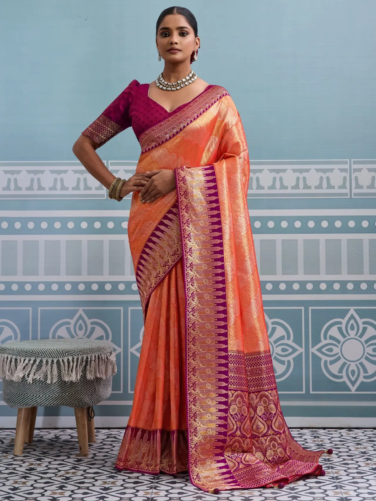 Roykals Orange Kanjivaram Soft Silk Saree with Burgundy Blouse - Image 5