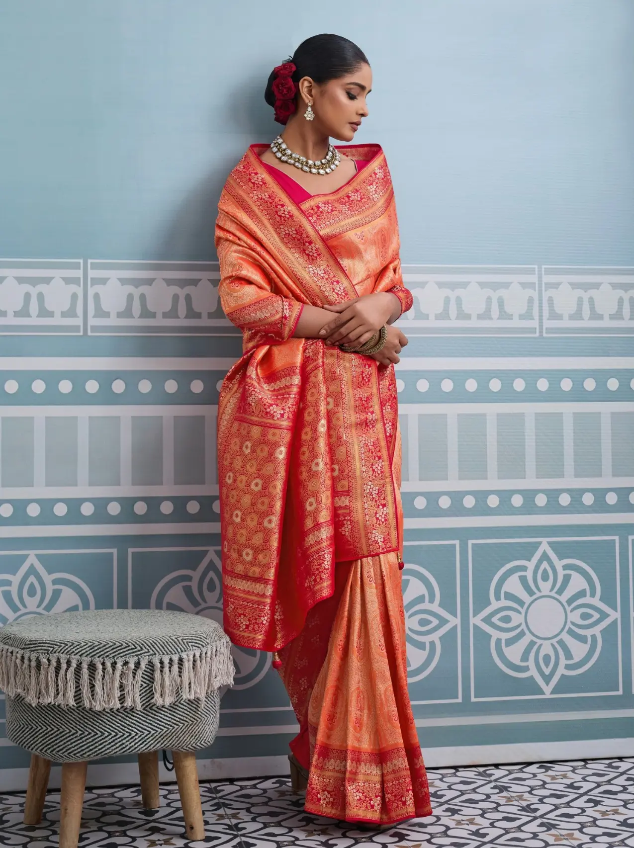 Roykals Orange Kanjivaram Soft Silk Saree with Red Blouse Roykals Orange Kanjivaram Soft Silk Saree with Red Blouse-Design No.-RT13521 - 213194