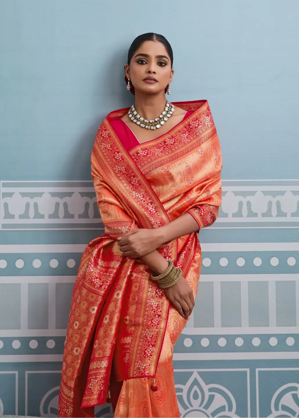Roykals Orange Kanjivaram Soft Silk Saree with Red Blouse - Image 2