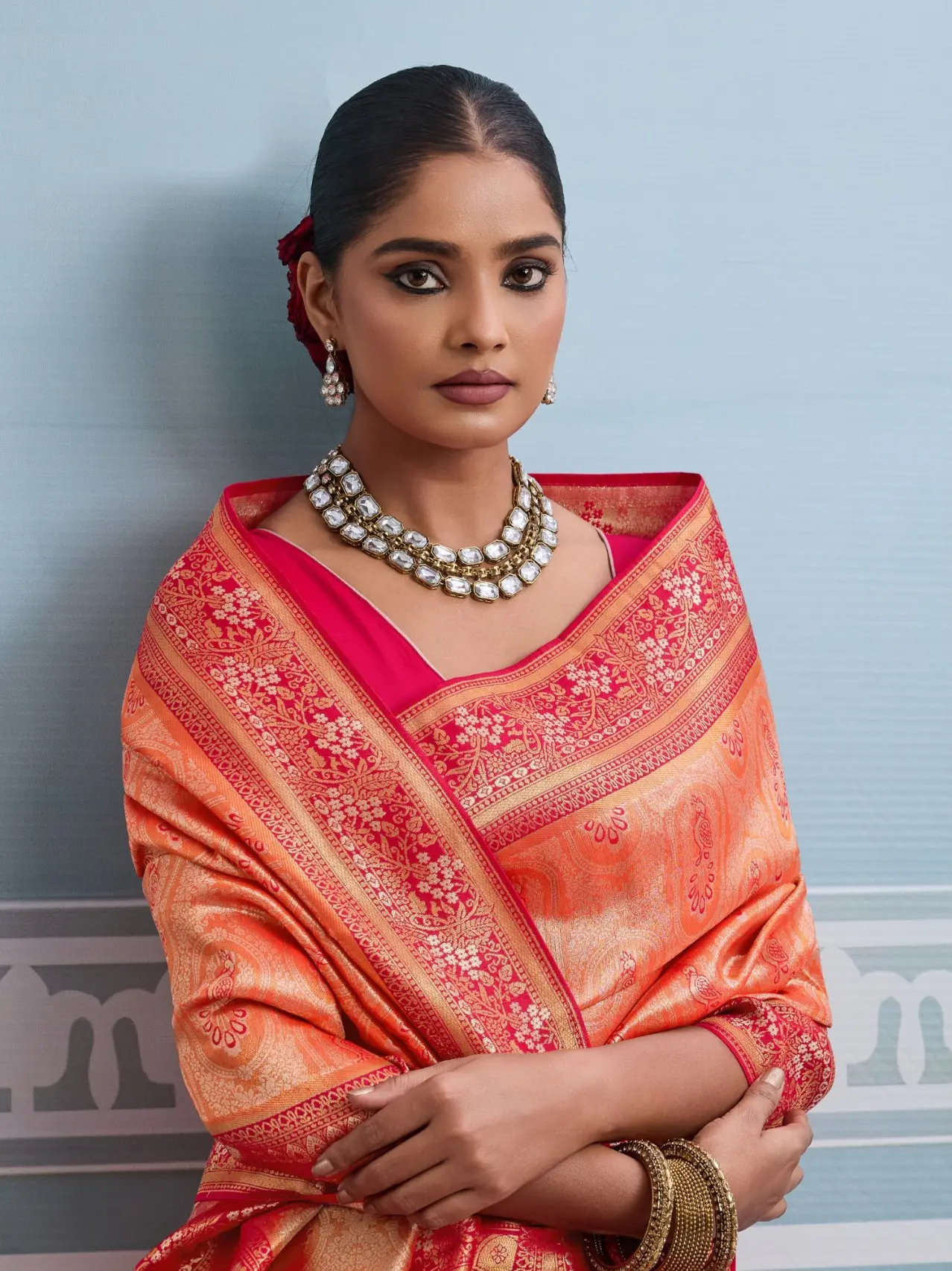Roykals Orange Kanjivaram Soft Silk Saree with Red Blouse - Image 3