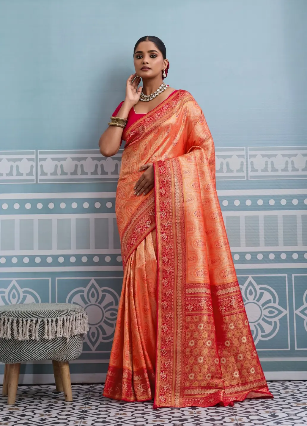 Roykals Orange Kanjivaram Soft Silk Saree with Red Blouse - Image 4