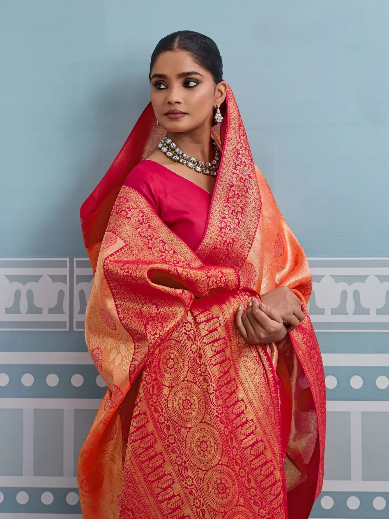 Roykals Peach Kanjivaram Soft Silk Saree with Pink Blouse - Image 2