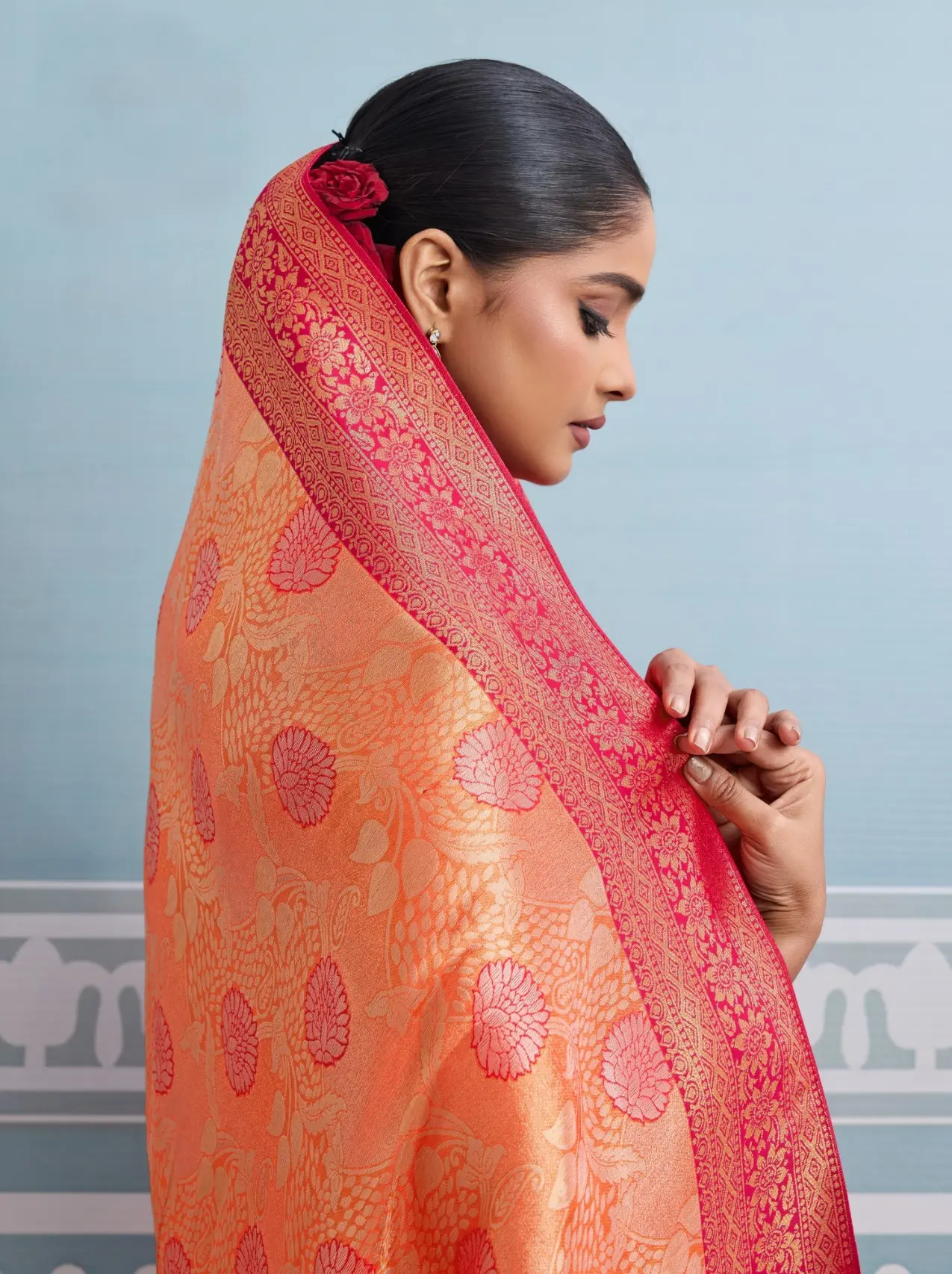 Roykals Peach Kanjivaram Soft Silk Saree with Pink Blouse - Image 3