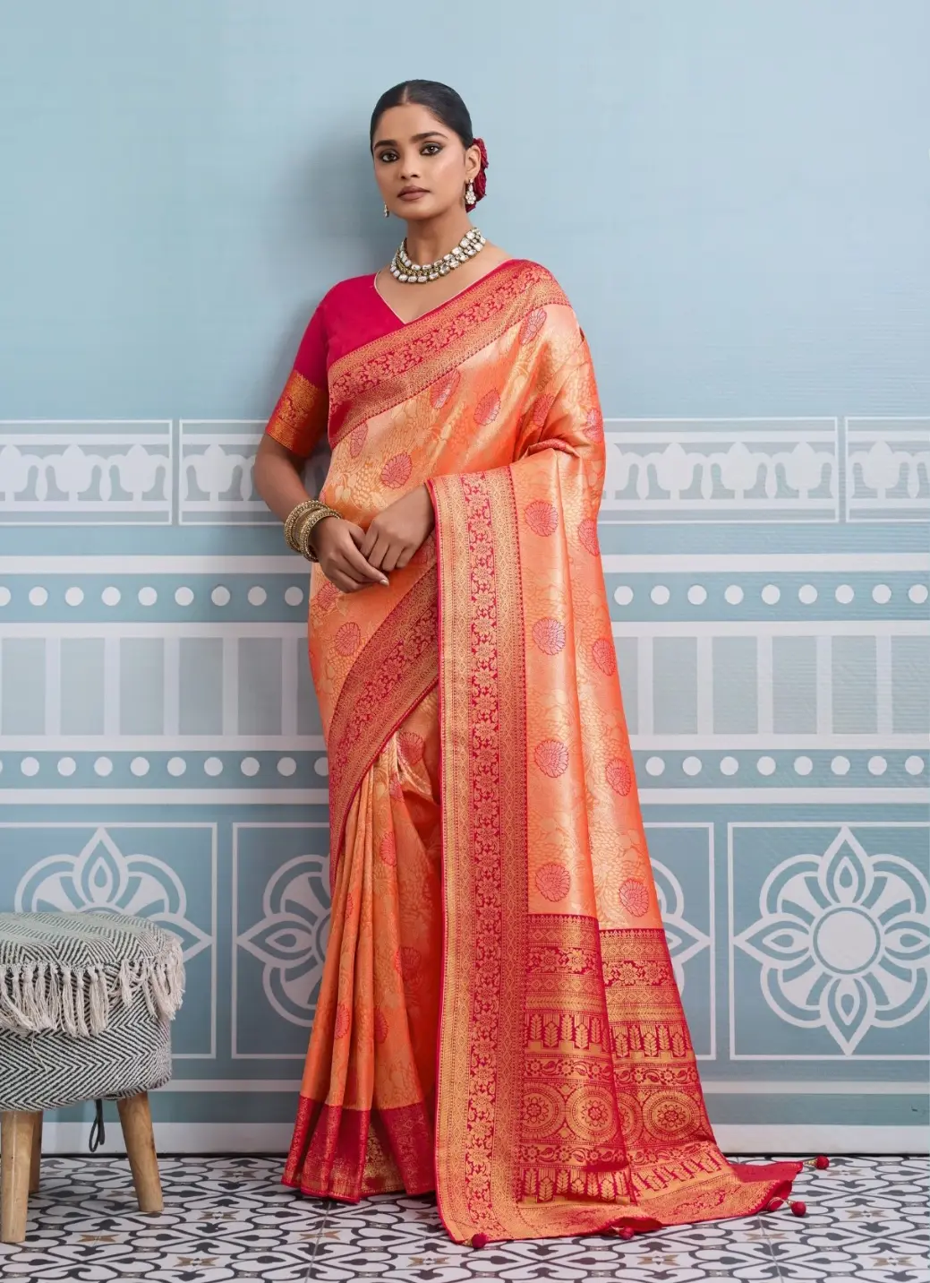 Roykals Peach Kanjivaram Soft Silk Saree with Pink Blouse - Image 4