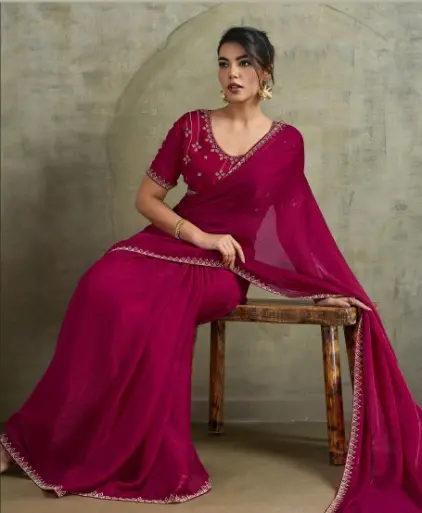 Roykals Pink Fendy Chiffon Blooming Designer Saree with Latkan - Image 2