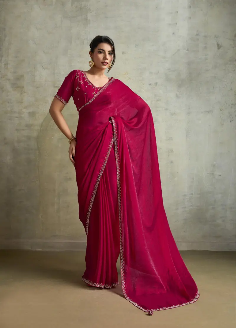 Roykals Pink Fendy Chiffon Blooming Designer Saree with Latkan - Image 4