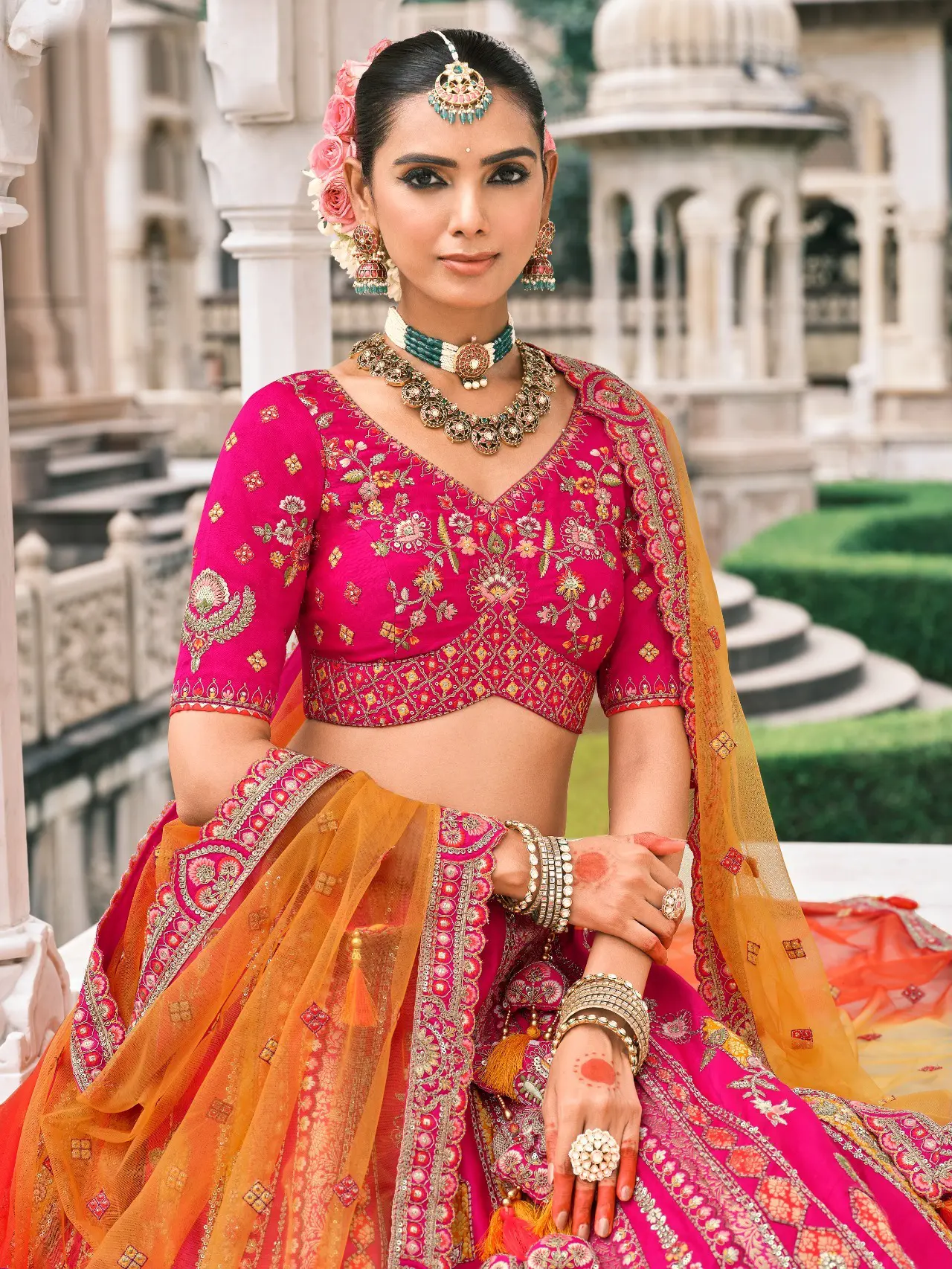 Roykals Pink Silk Lehenga Choli with Multi Color Dupatta Mirror