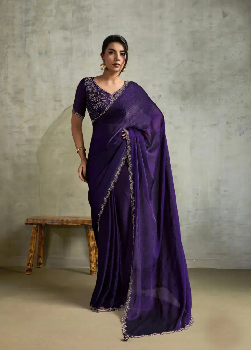 Roykals Purple Fendy Chiffon Blooming Designer Saree with Latkan - Image 2