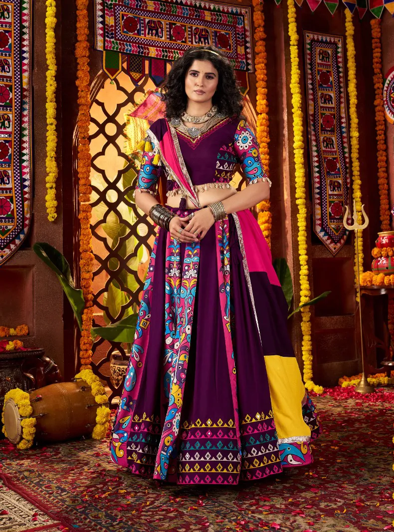 Roykals Purple Lehenga Choli With Multi Dupatta Mirror Work Navratri Set