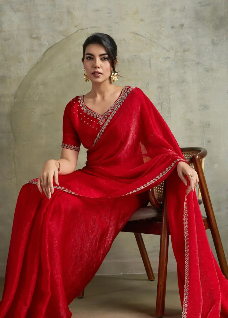 Roykals Red Fendy Chiffon Blooming Designer Saree with Latkan Roykals Red Fendy Chiffon Blooming Designer Saree with Latkan-Design No.-RT13487 - 213084