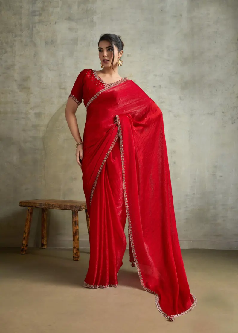 Roykals Red Fendy Chiffon Blooming Designer Saree with Latkan - Image 2