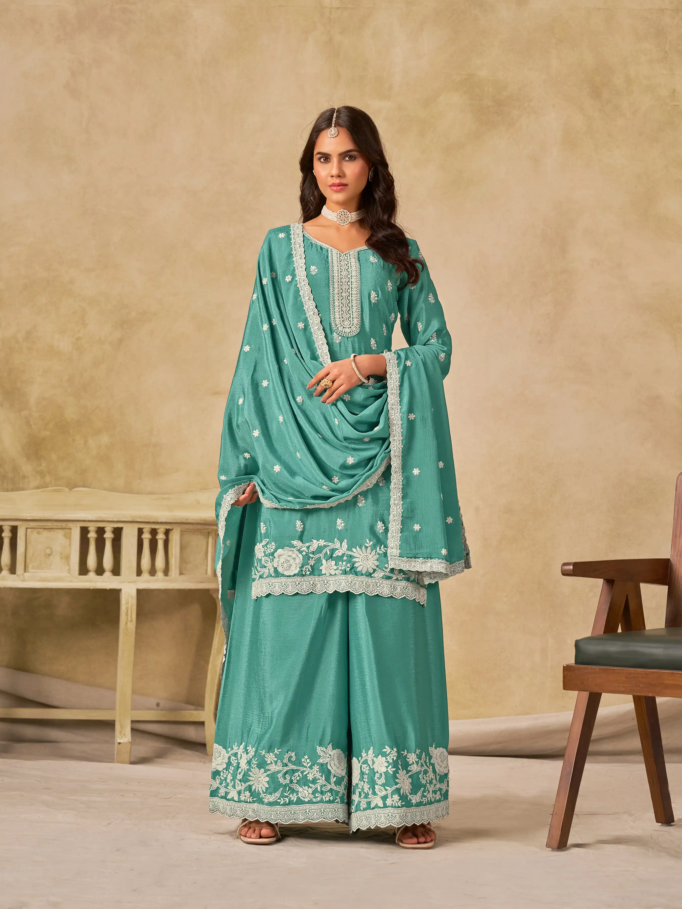 Roykals Sky Blue Heavy Chinon Salwar Suit with Embroidered Work - Image 3