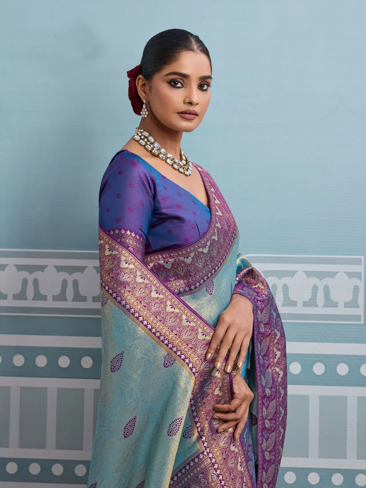 Roykals Sky Blue Kanjivaram Soft Silk Saree with Blue Blouse - Image 2