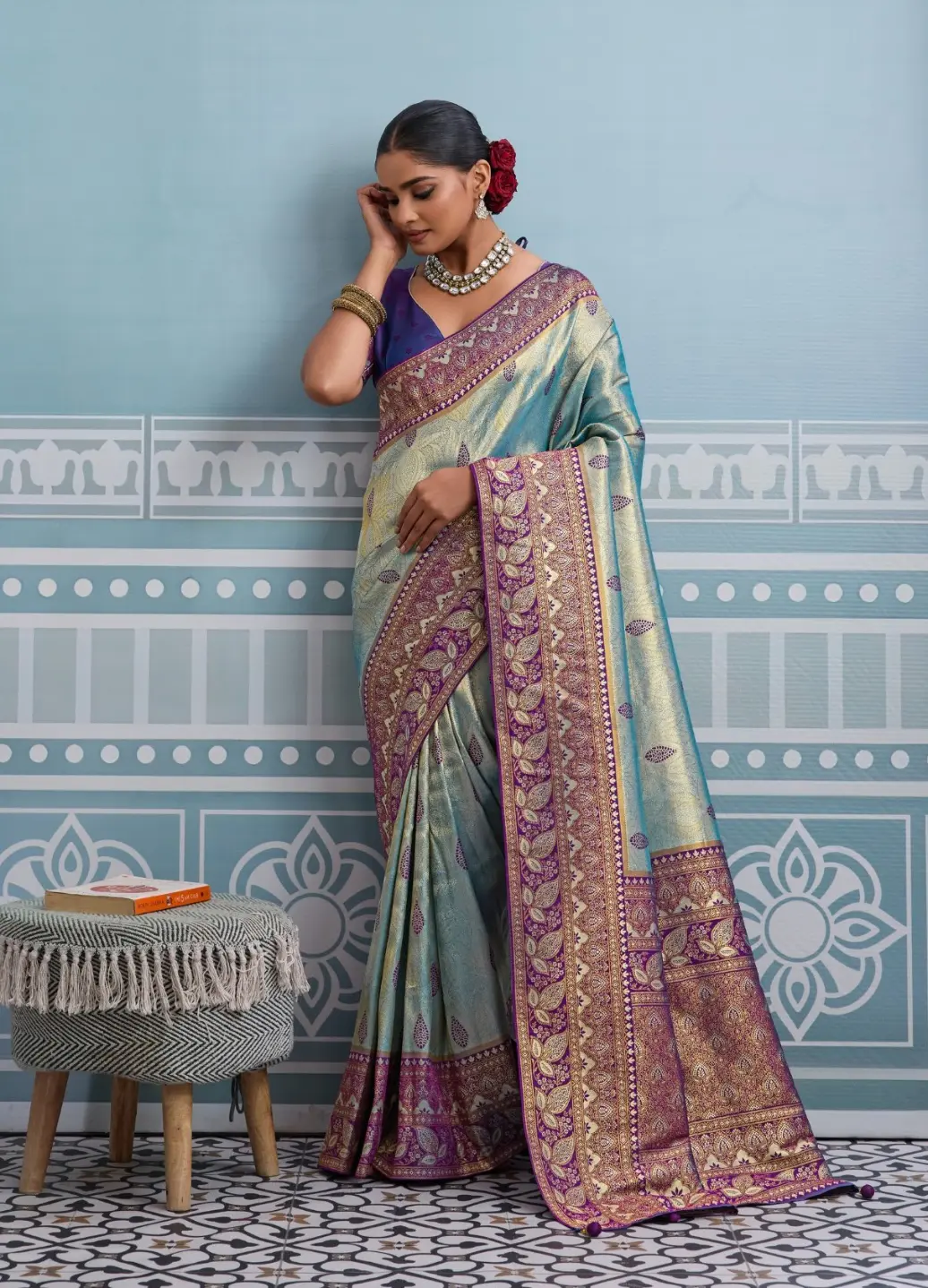 Roykals Sky Blue Kanjivaram Soft Silk Saree with Blue Blouse - Image 3