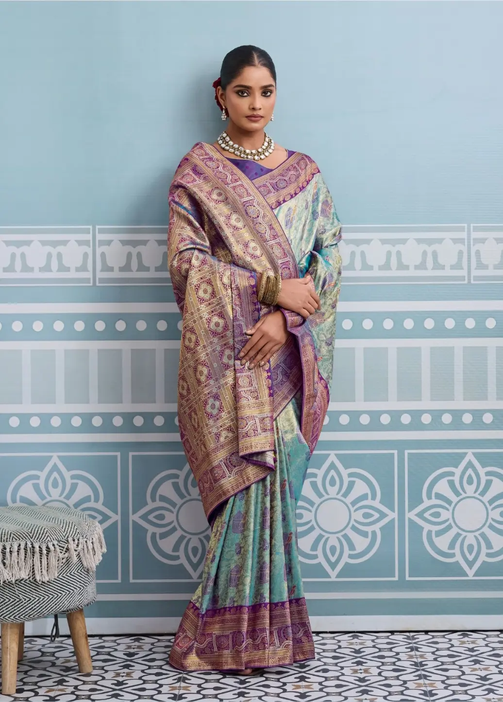 Roykals Sky Blue Kanjivaram Soft Silk Saree with Purple Blouse Roykals Sky Blue Kanjivaram Soft Silk Saree with Purple Blouse-Design No.-RT13521 - 213191