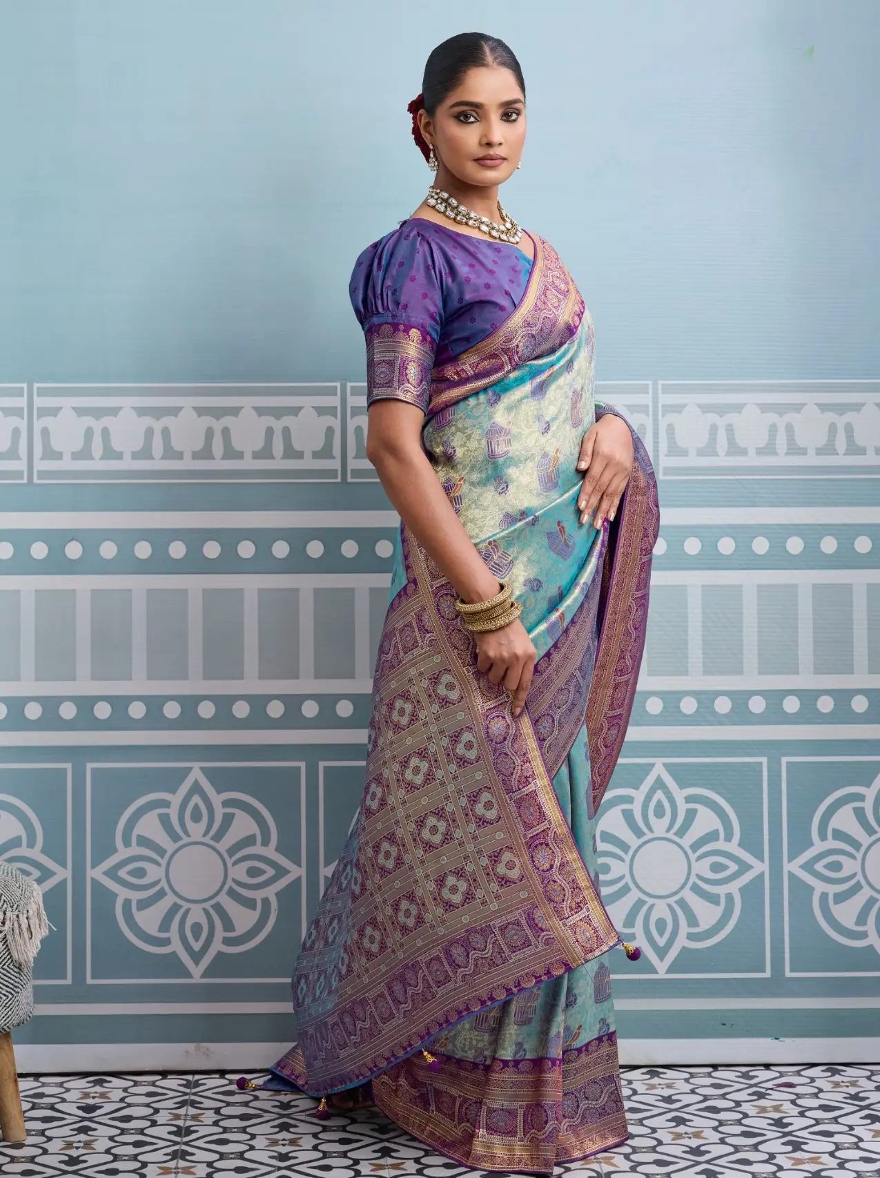 Roykals Sky Blue Kanjivaram Soft Silk Saree with Purple Blouse - Image 2