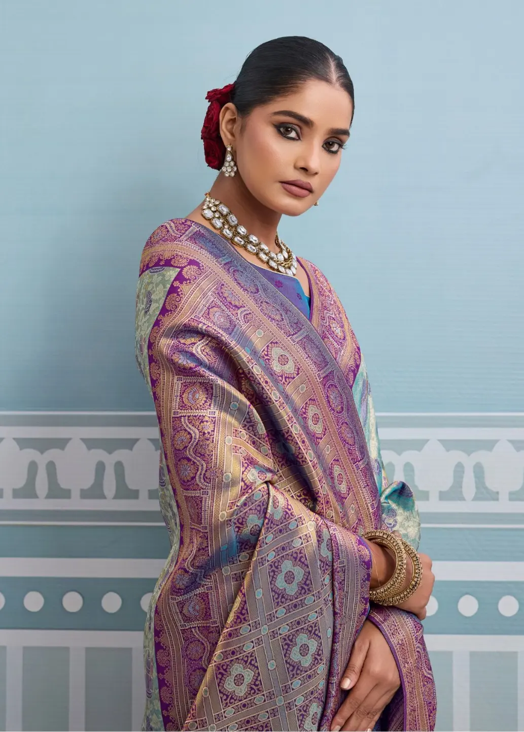 Roykals Sky Blue Kanjivaram Soft Silk Saree with Purple Blouse - Image 3