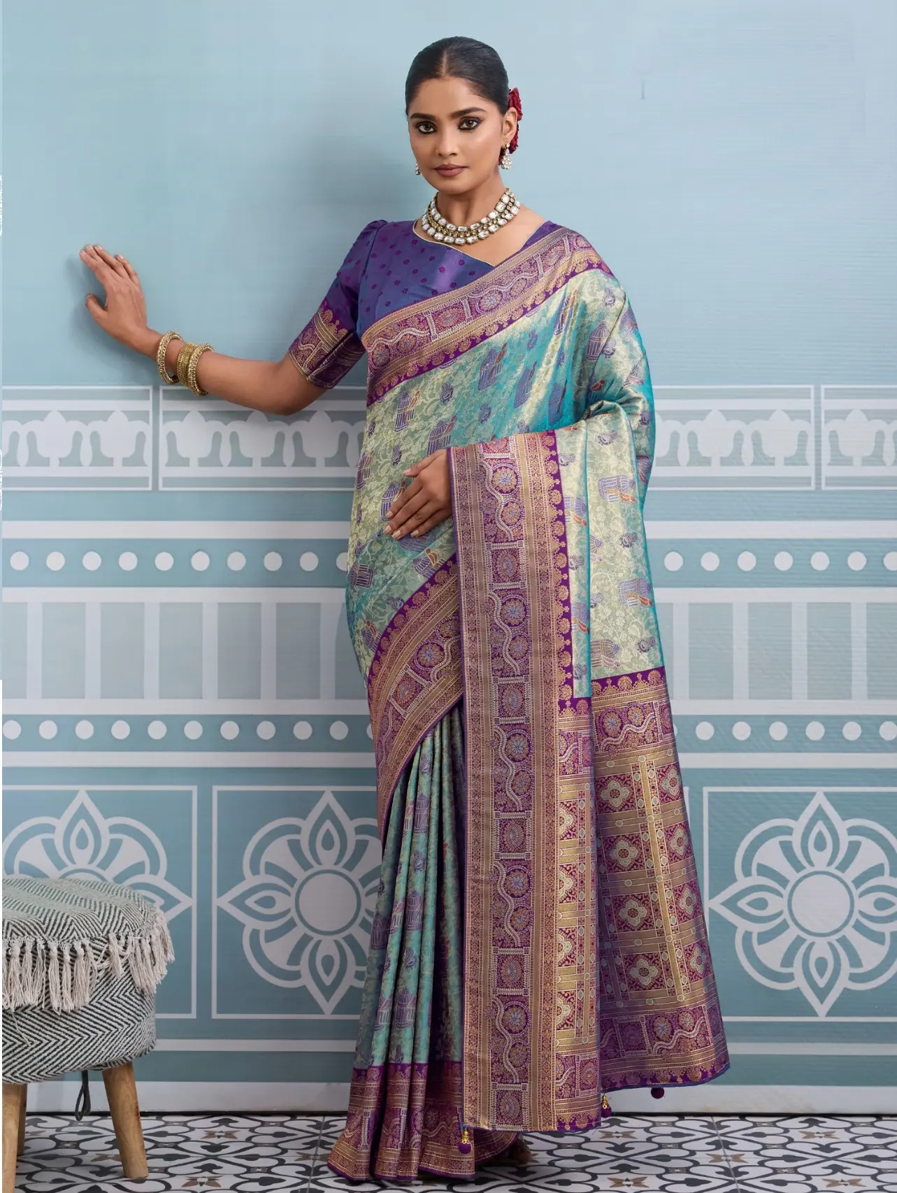 Roykals Sky Blue Kanjivaram Soft Silk Saree with Purple Blouse - Image 4