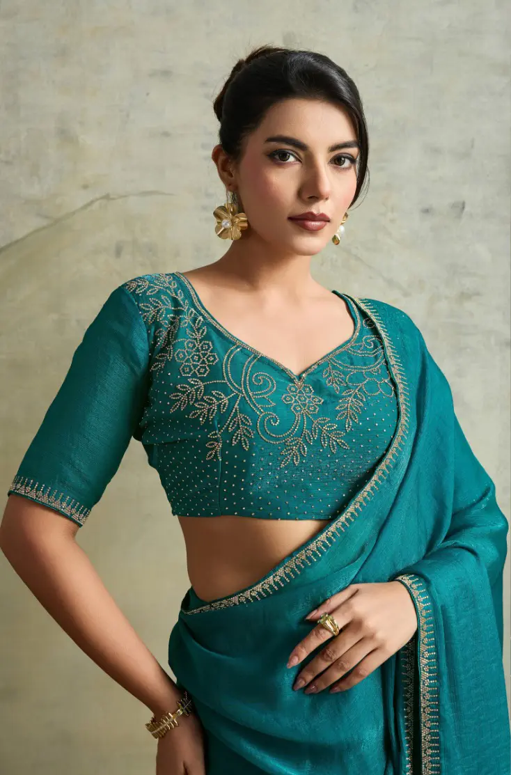 Roykals Teal Fendy Chiffon Blooming Designer Saree with Latkan - Image 2