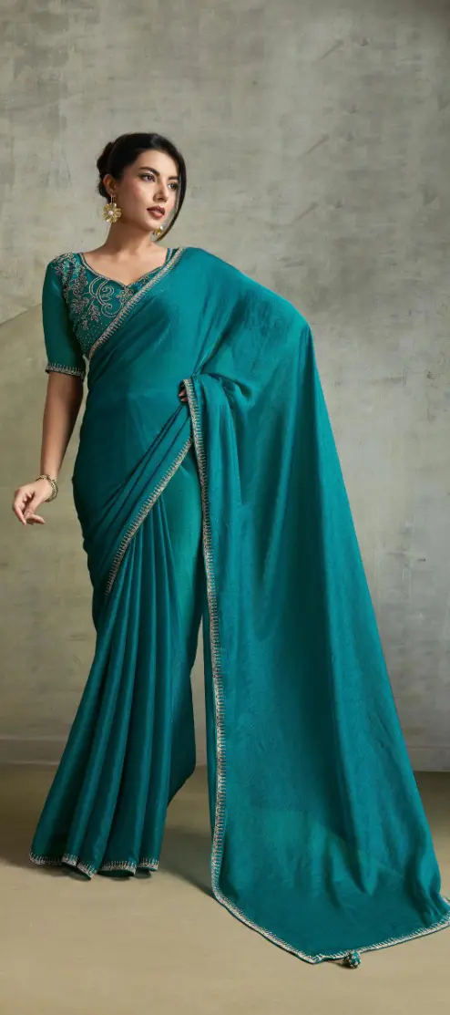 Roykals Teal Fendy Chiffon Blooming Designer Saree with Latkan - Image 3