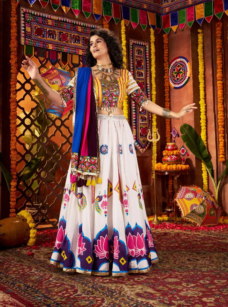 Roykals White Lehenga With Multi Choli Mirror Work Navratri Chaniya Choli