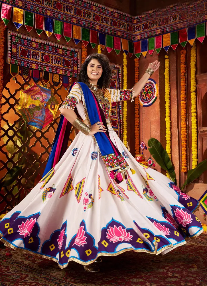 Roykals White Lehenga with Multi Choli - Mirror Work Navratri Chaniya Choli - Image 2