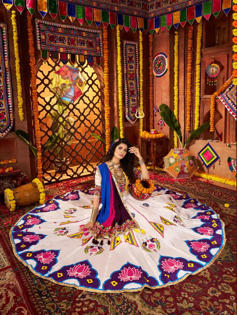 Roykals White Lehenga with Multi Choli - Mirror Work Navratri Chaniya Choli - Image 3
