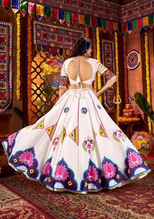 Roykals White Lehenga with Multi Choli - Mirror Work Navratri Chaniya Choli - Image 4