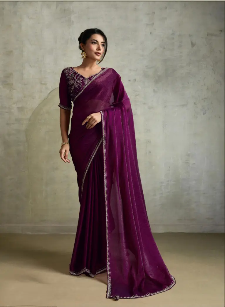 Roykals Wine Fendy Chiffon Blooming Designer Saree with Latkan - Image 2