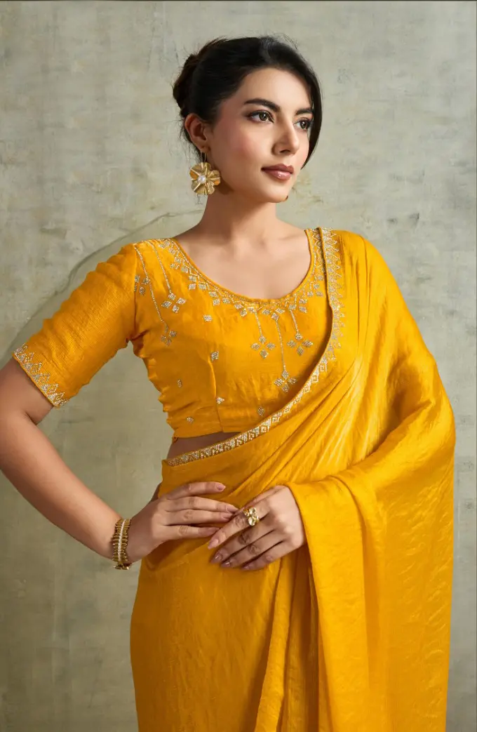 Roykals Yellow Fendy Chiffon Blooming Designer Saree with Latkan - Image 2
