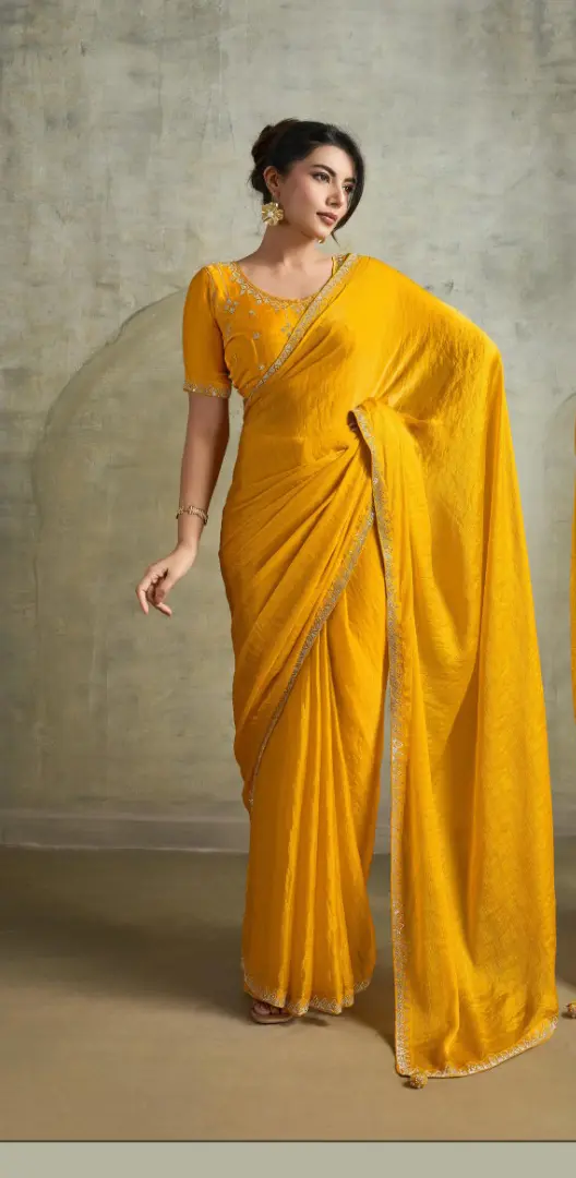 Roykals Yellow Fendy Chiffon Blooming Designer Saree with Latkan - Image 3