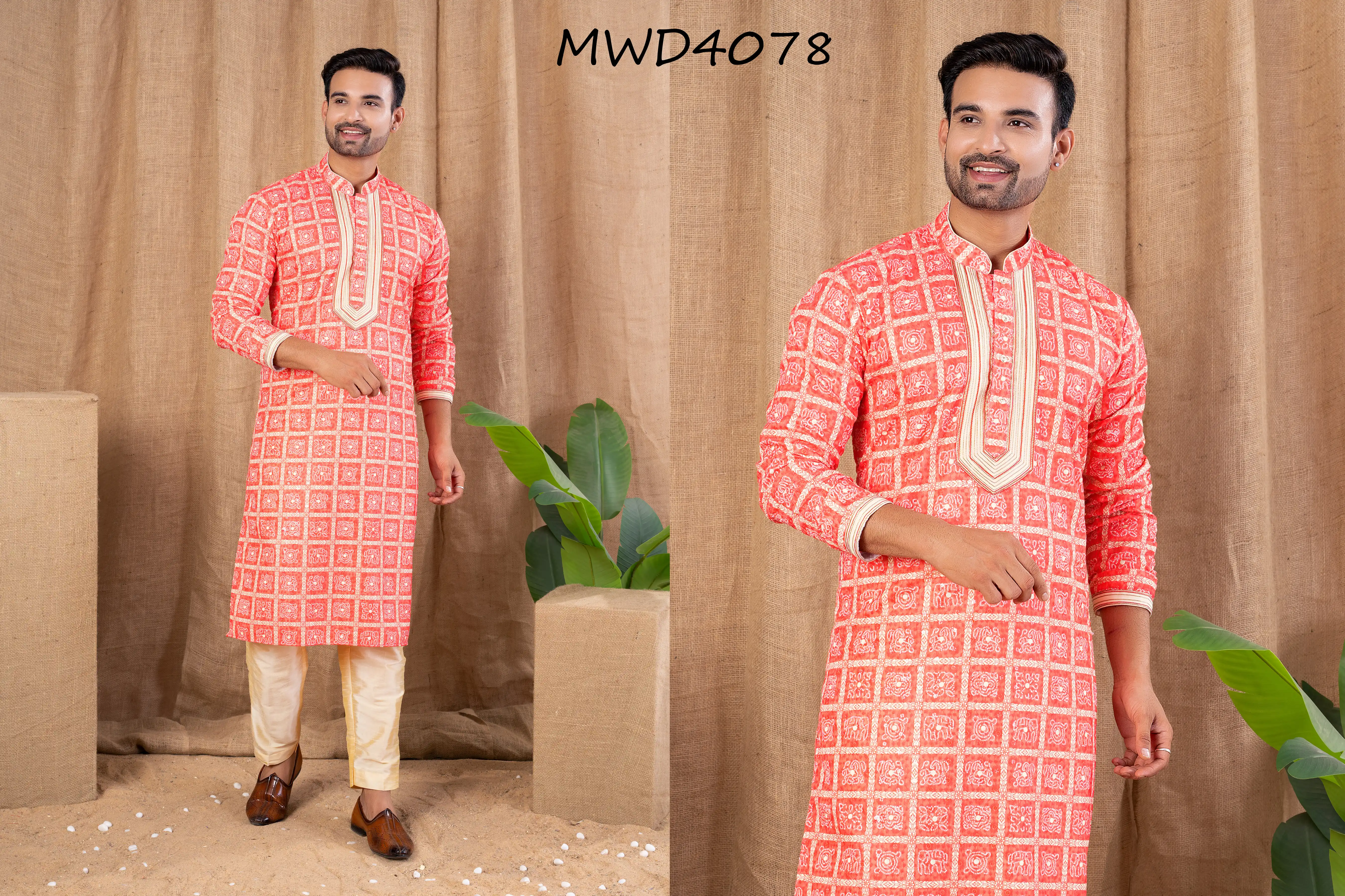 S. S. Ethnic Carrot Red Embroidered with Digital Print Kurta with Gold Trouser - MWD4078