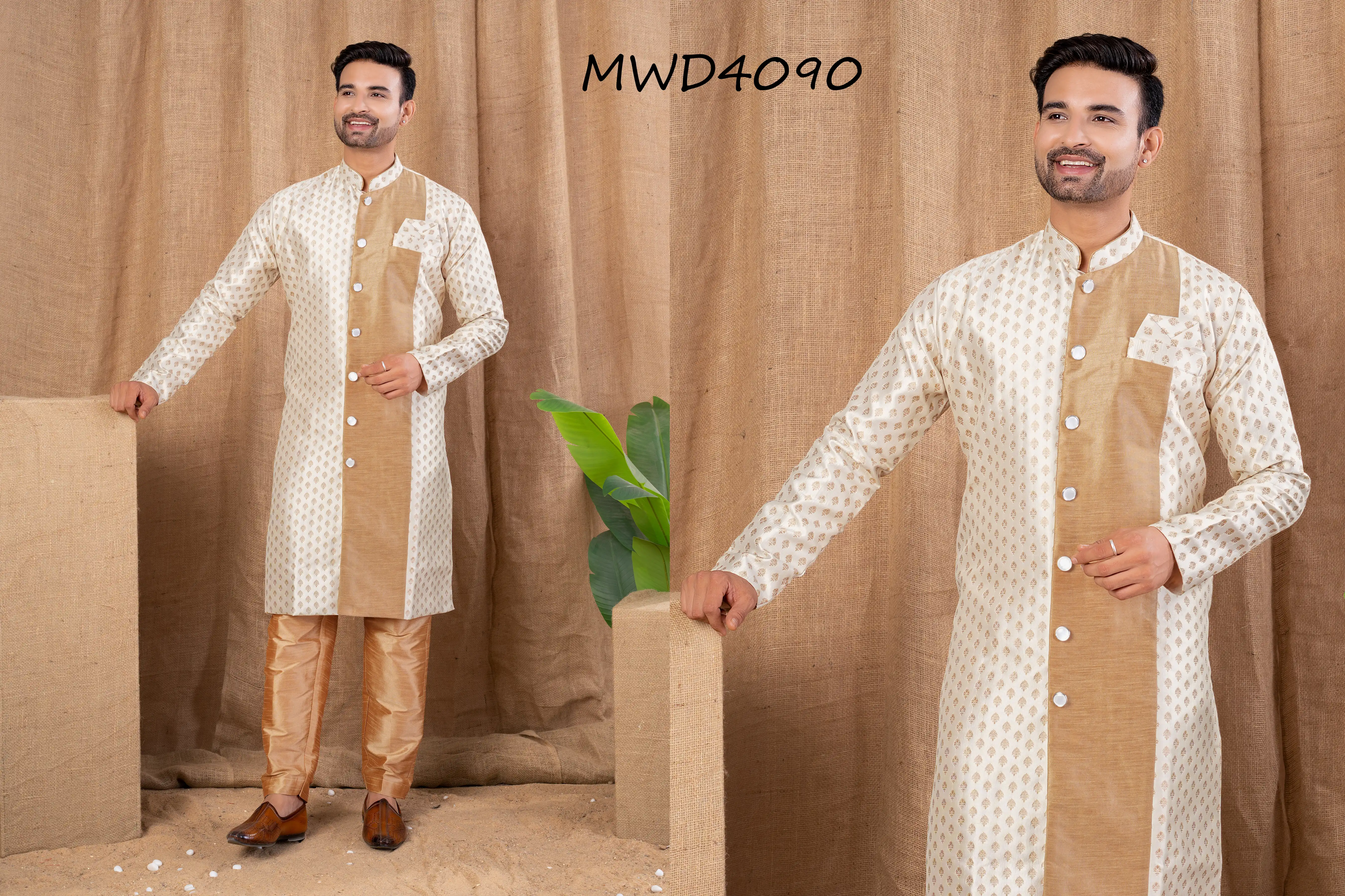 S. S. Ethnic Cream Jacquard Indo Trouser Set for Men - MWD4090