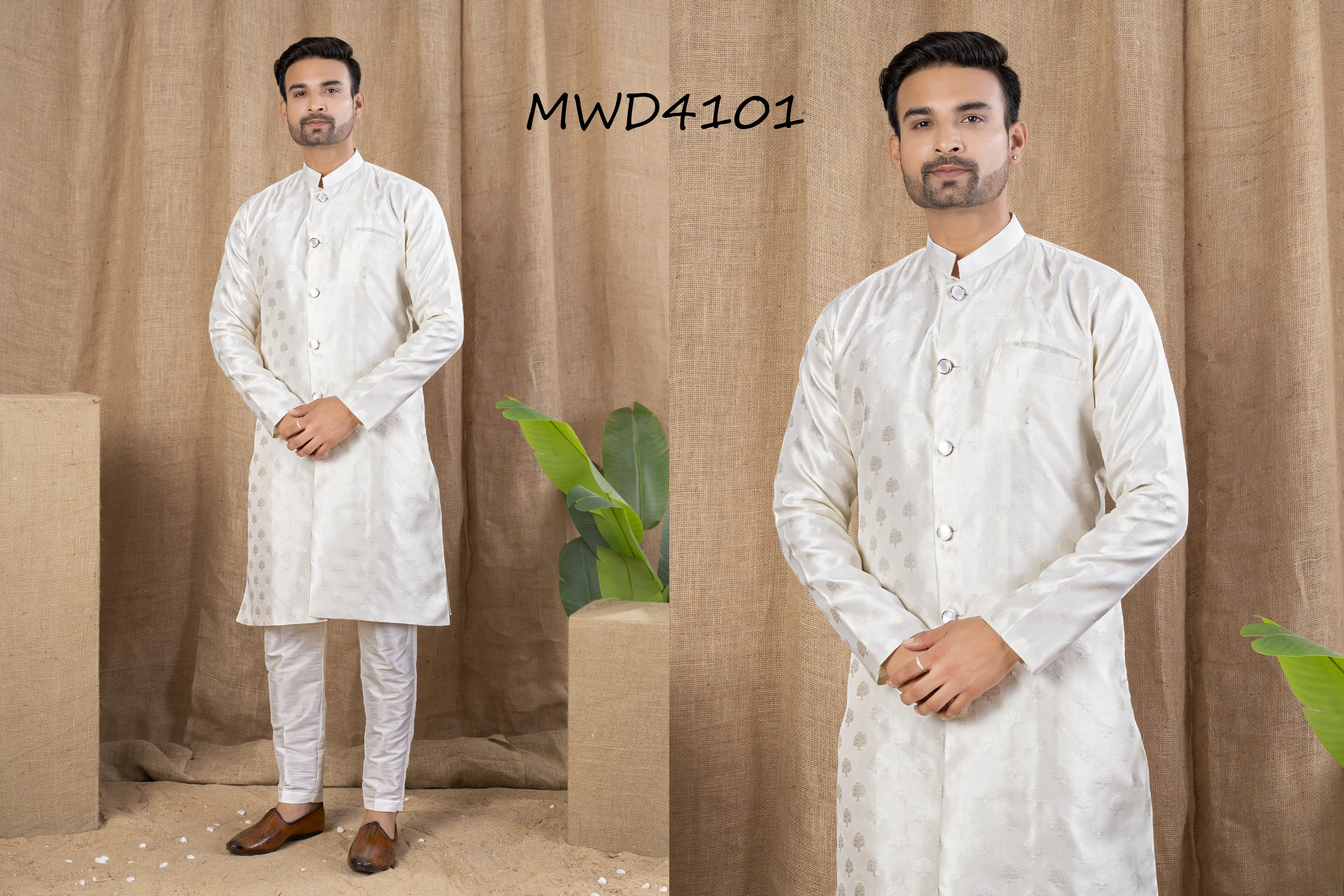 S. S. Ethnic Cream Jaquard Indo Trouser Set for Men - MWD4101