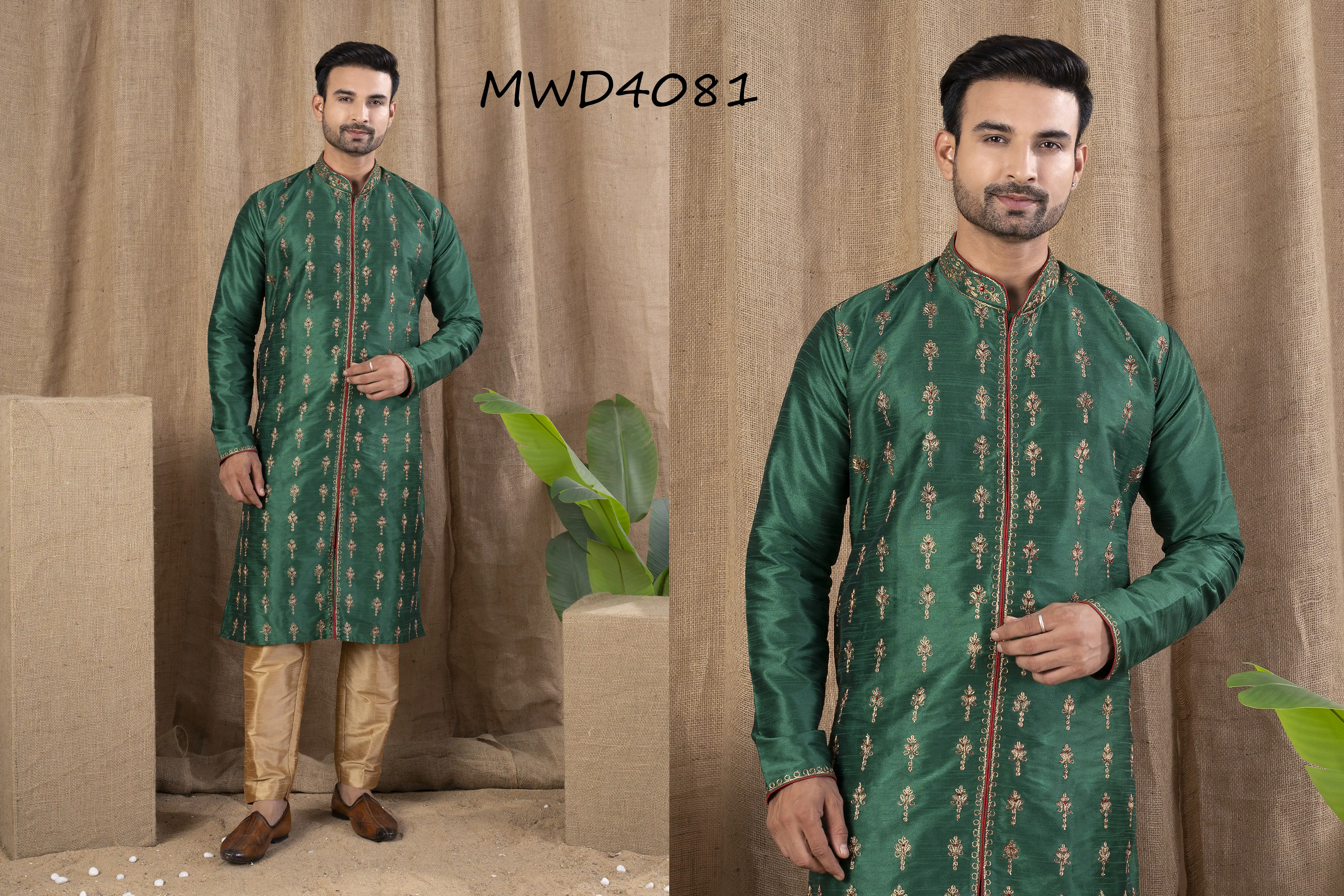 S. S. Ethnic Green Art Silk Indo Trouser Set for Men - MWD4081