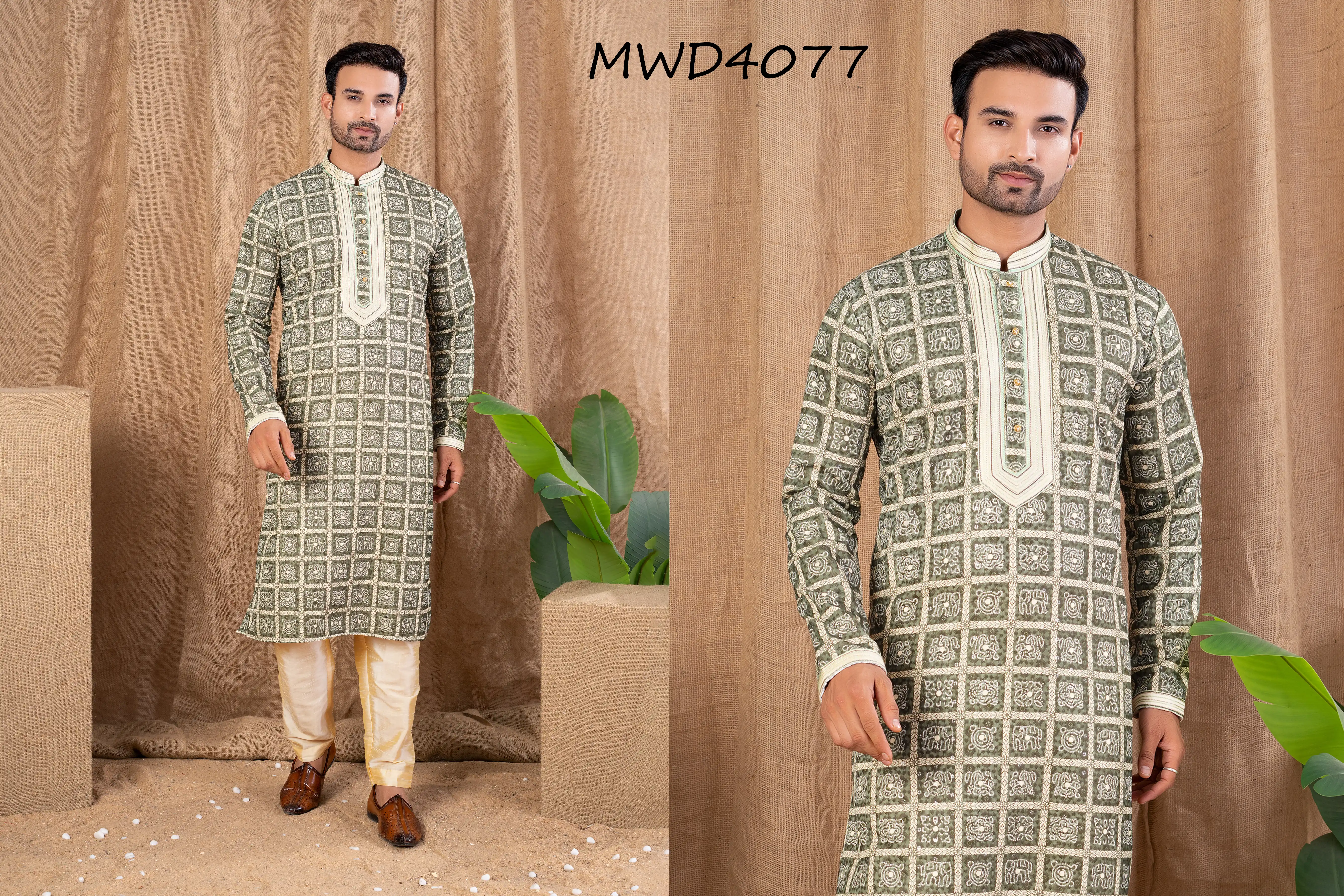 S. S. Ethnic Green Embroidered with Digital Print Kurta with Gold Trouser - MWD4077